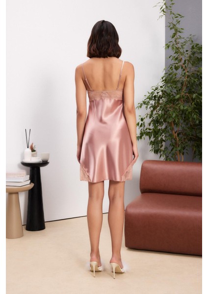 Saten Dantelli Kadın Gecelik ve Sabahlık Takımı - 4510 Brandy