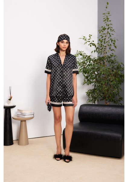 Saten Biyeli Kadın Pijama Takımı - 1325 Siyah