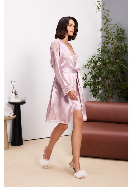 Saten Dantelli Kadın Gecelik ve Sabahlık Takımı - 4500 Rose