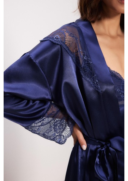 Saten Dantelli Kadın Gecelik ve Sabahlık Takımı - 4510 Lacivert fiyatları