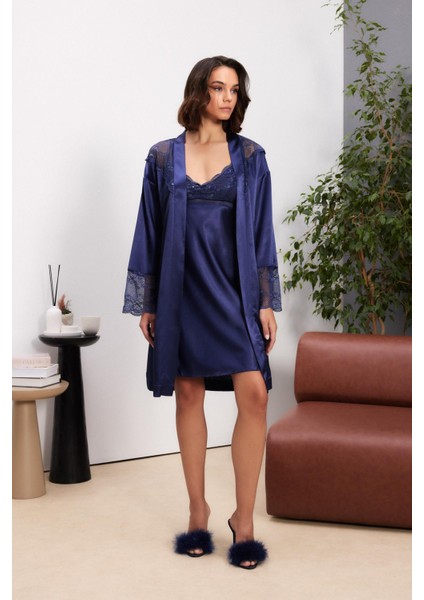 Saten Dantelli Kadın Gecelik ve Sabahlık Takımı - 4510 Lacivert modelleri