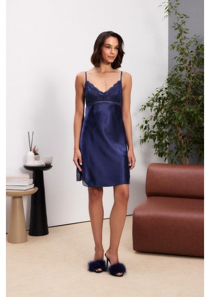 Saten Dantelli Kadın Gecelik ve Sabahlık Takımı - 4510 Lacivert indirimleri
