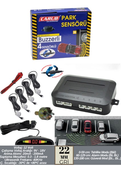 22MM Ekranlı Sesli Park Sensörü 4 Lü Gri Geri Vites Park Destek Sistemi Araç Park Sensörü Seti
