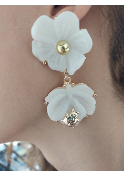 Beyaz Sedefli Uğur Böcekli Kadın Küpe 6 cm