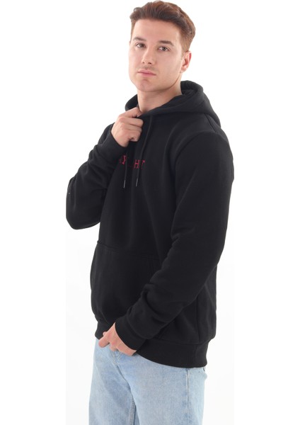 Unisex Nakışlı Siyah Kapüşonlu Sweatshirt (Nakışlı) Kanguru cep detaylı kız erkek çiftler tercih edebilir modelleri
