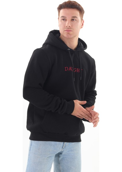 Unisex Nakışlı Siyah Kapüşonlu Sweatshirt (Nakışlı) Kanguru cep detaylı kız erkek çiftler tercih edebilir fırsatları