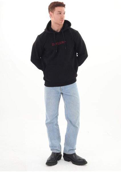 Unisex Nakışlı Siyah Kapüşonlu Sweatshirt (Nakışlı) Kanguru cep detaylı kız erkek çiftler tercih edebilir indirimleri