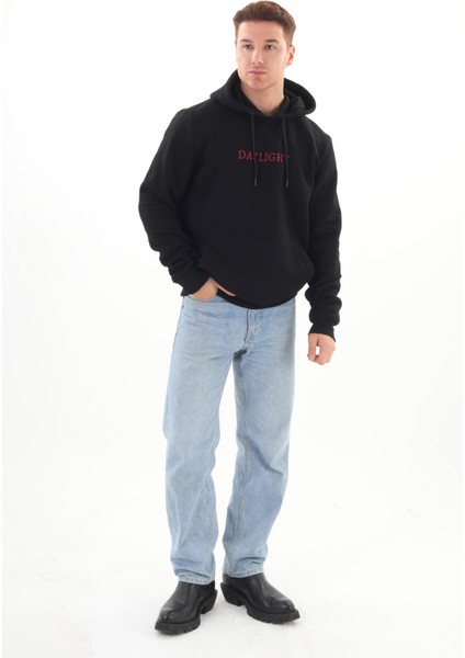 Unisex Nakışlı Siyah Kapüşonlu Sweatshirt (Nakışlı) Kanguru cep detaylı kız erkek çiftler tercih edebilir