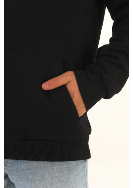 Unisex Nakışlı Siyah Kapüşonlu Sweatshirt (Nakışlı) Kanguru cep detaylı kız erkek çiftler tercih edebilir