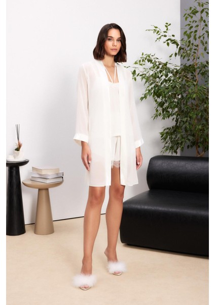 Kadife Saten 3'lü Kadın Pijama Takımı - 2845 Ekru fiyatları