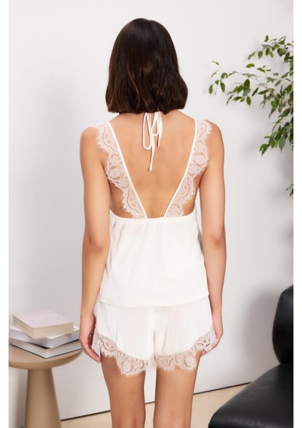 Kadife Saten 3'lü Kadın Pijama Takımı - 2845 Ekru