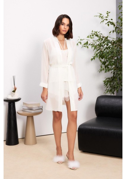 Kadife Saten 3'lü Kadın Pijama Takımı - 2845 Ekru