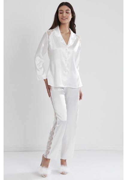 Saten Dantelli Kadın Pijama Takımı - 1438 Ekru fiyatları