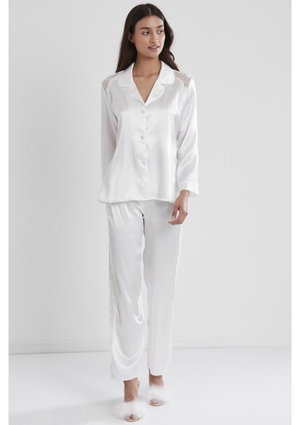 Saten Dantelli Kadın Pijama Takımı - 1438 Ekru modelleri