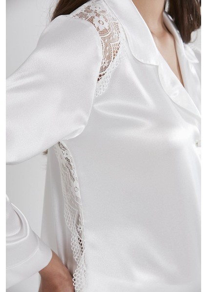 Saten Dantelli Kadın Pijama Takımı - 1438 Ekru fırsatları