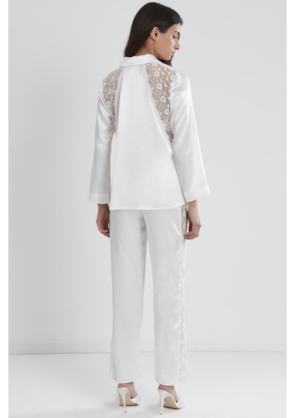 Saten Dantelli Kadın Pijama Takımı - 1438 Ekru