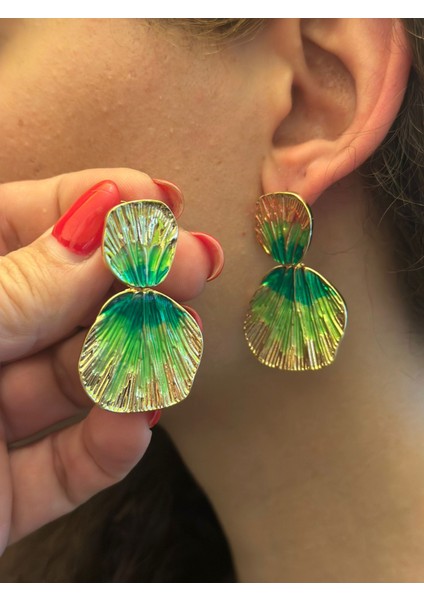 Yeşil Yaprak Desenli Kadın Küpe 4 cm