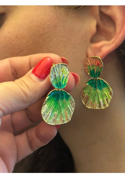 Yeşil Yaprak Desenli Kadın Küpe 4 cm modelleri