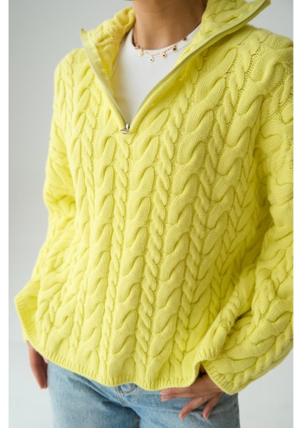 Kadın Yakası Fermuarlı Örgü Desen Oversize Kazak fiyatları