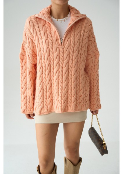 Kadın Yakası Fermuarlı Örgü Desen Oversize Kazak modelleri