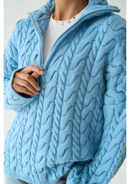 Kadın Yakası Fermuarlı Örgü Desen Oversize Kazak fiyatları