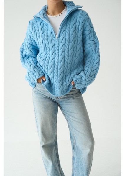 Kadın Yakası Fermuarlı Örgü Desen Oversize Kazak modelleri