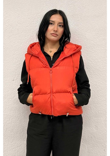 Kapşon Detaylı Şişme Yelek Turuncu