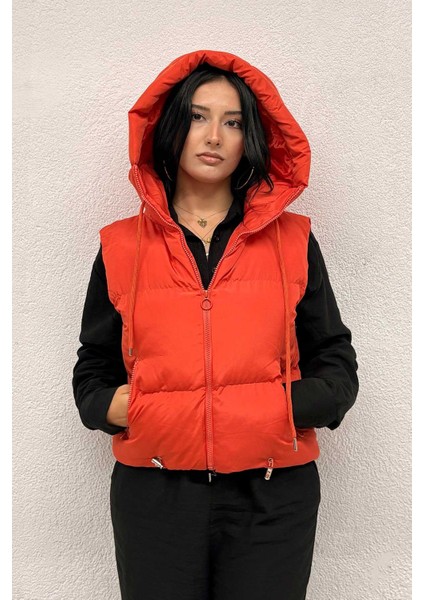 Kapşon Detaylı Şişme Yelek Turuncu modelleri