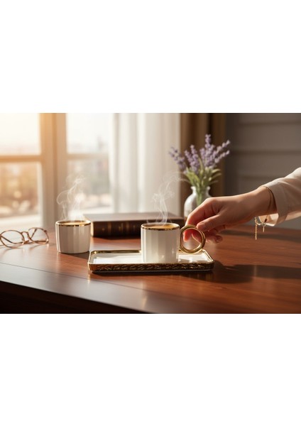 Porselen Sedef Yaldızlı Sunumluklu Kahve Fincan Takımı Seti 6 Kişilik