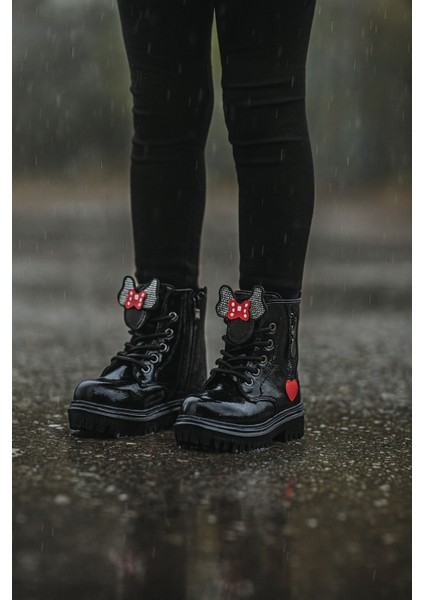 Ortopedik Bağcıklı Fermuarlı Kız Çocuk Bot Ayakkabı Siyah Kız Çocuk Bot