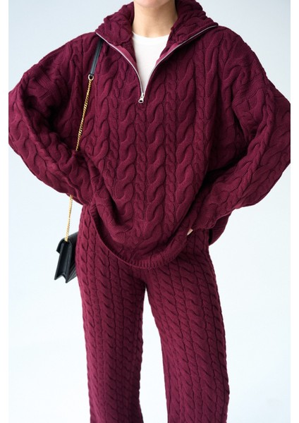 Kadın Yakası Fermuarlı Örgü Desen Oversize Kazak