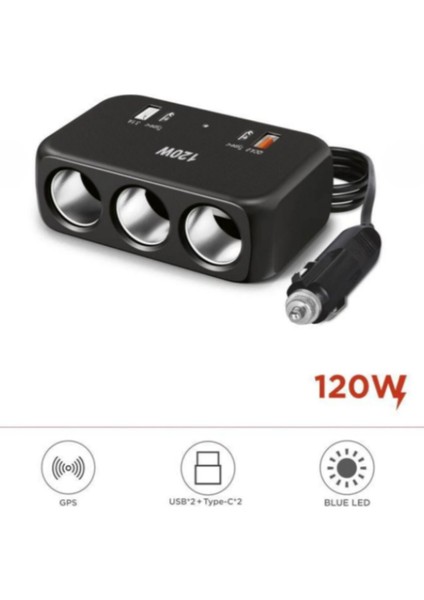120W Araç Çakmak Çoklayıcı USB Çıkışlı Oto Çakmaklık Soketi Çoğaltıcı Adaptör Şarj Cihazı