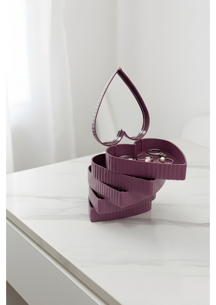 Kalp Şeklinde Katlanabilir Takı ve Aksesuar Organizeri – Aynalı Mor Renk
