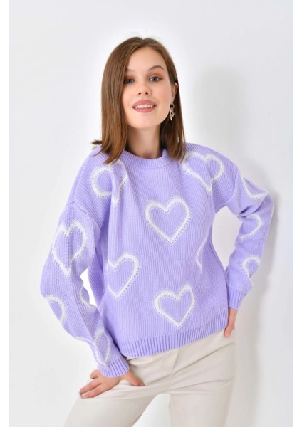 Kadın Kazak Kalp Desenli Yuvarlak Yaka Kazak Lila - 8103
