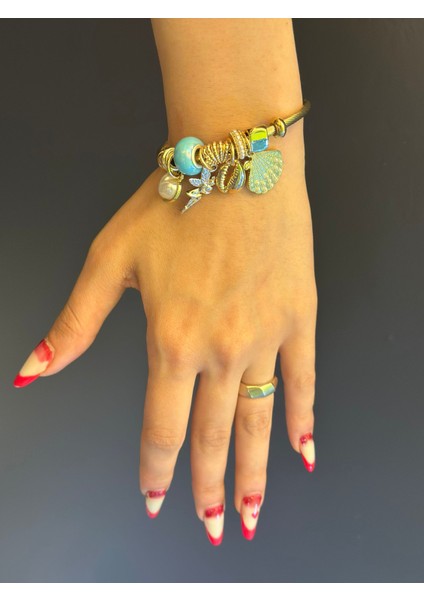 Mavi Boncuklu Midye Incili Kadın Kelepçe Bilezik modelleri