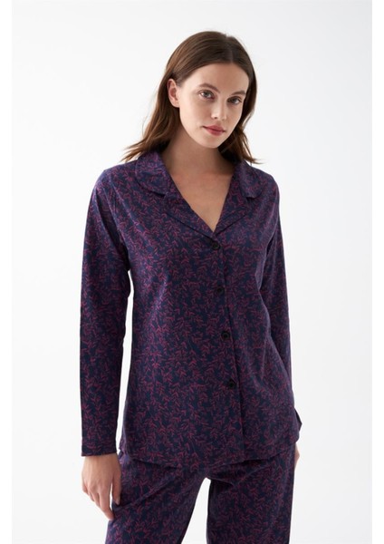 Kadın Lacivert Düğmeli Yaka Detaylı Pijama Takımı NKL0071 fiyatları