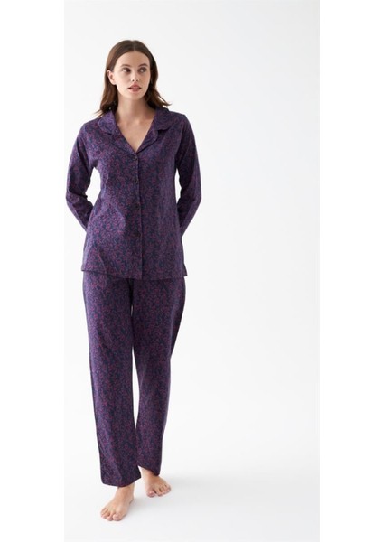 Kadın Lacivert Düğmeli Yaka Detaylı Pijama Takımı NKL0071 modelleri