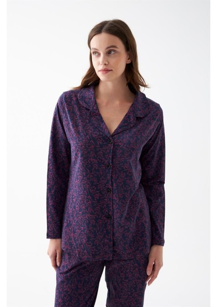 Kadın Lacivert Düğmeli Yaka Detaylı Pijama Takımı NKL0071 indirimleri