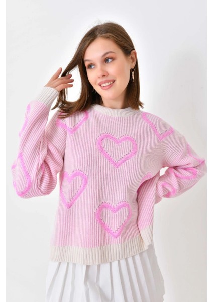 Kadın Kazak Kalp Desenli Yuvarlak Yaka Kazak Taş - 8103