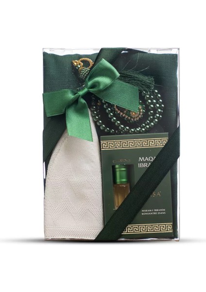 Eşarp + Takke + Esans + Tesbih + Zikirmatik Hediye Seti (Asetat Kutulu, Yeşil)