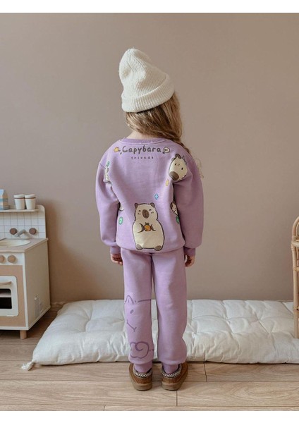 Capybara Kız Çocuk 3 Iplik Şardon Kumaş Alt Üst Takım Süper Kalite Sırt Baskı Detaylı Mor Renk fiyatları