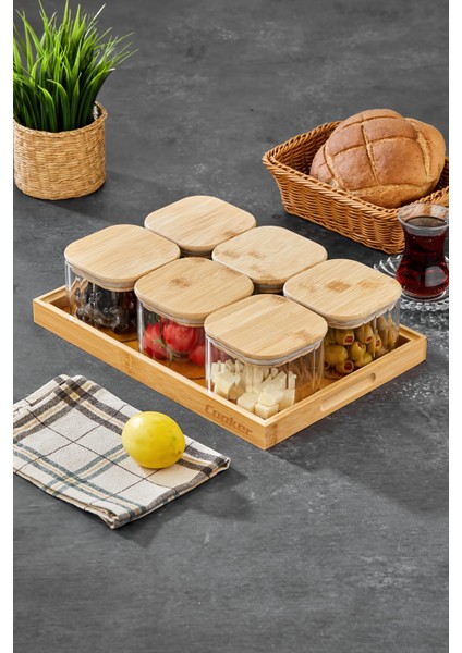 6’lı Kare Borosilikat Cam Kahvaltılık Seti – Bambu Kapaklı, Ahşap Tepsili Şık Sunum Seti