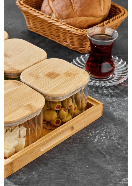 6’lı Kare Borosilikat Cam Kahvaltılık Seti – Bambu Kapaklı, Ahşap Tepsili Şık Sunum Seti fiyatları