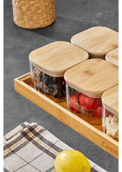 6’lı Kare Borosilikat Cam Kahvaltılık Seti – Bambu Kapaklı, Ahşap Tepsili Şık Sunum Seti modelleri