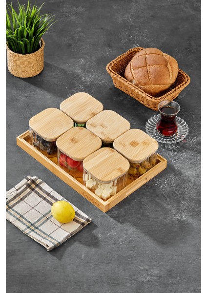 6’lı Kare Borosilikat Cam Kahvaltılık Seti – Bambu Kapaklı, Ahşap Tepsili Şık Sunum Seti indirimleri