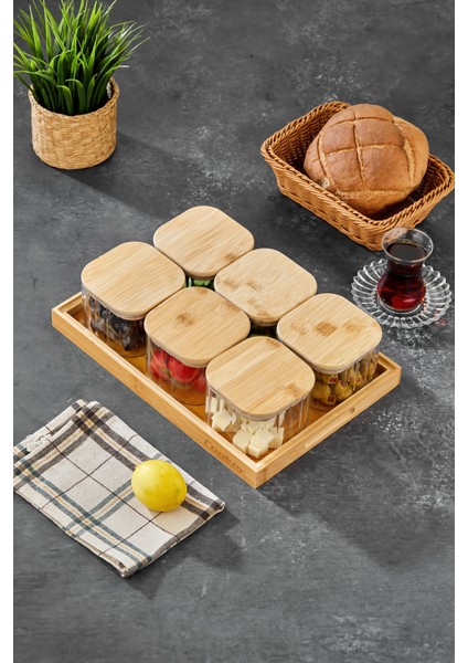 6’lı Kare Borosilikat Cam Kahvaltılık Seti – Bambu Kapaklı, Ahşap Tepsili Şık Sunum Seti