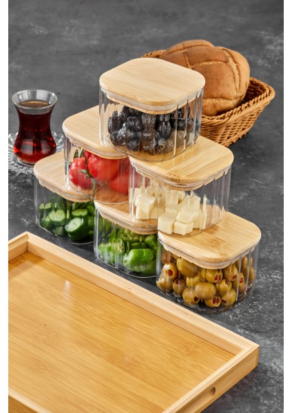 6’lı Kare Borosilikat Cam Kahvaltılık Seti – Bambu Kapaklı, Ahşap Tepsili Şık Sunum Seti