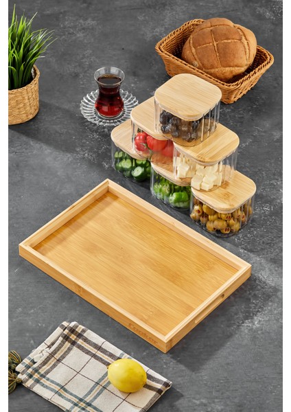 6’lı Kare Borosilikat Cam Kahvaltılık Seti – Bambu Kapaklı, Ahşap Tepsili Şık Sunum Seti