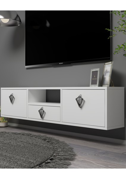 1316DROPDD-32 Duvara Montaj Tv Sehpası-Beyaz-Gümüş