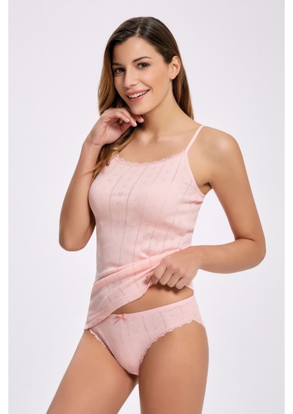 Bradıen %100 Pamuk Renkli Kalp Desenli (Jakarlı) Ip Askı Dantelli Külot Takım